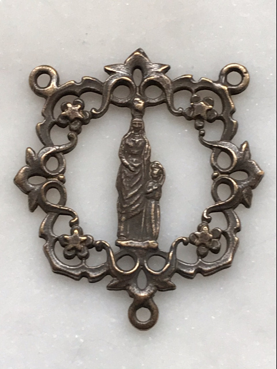 Rosary Center - Mary and the Child Jesus - Bronze or Sterling Silver - Antique Reproduction 029