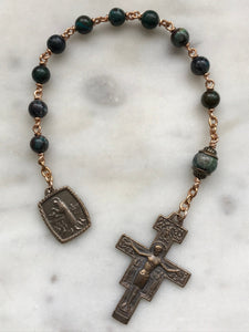St. Francis Pocket Rosary - Chrysocolla - Francisican Tenner - Bronze - Confirmation - Single Decade Rosary