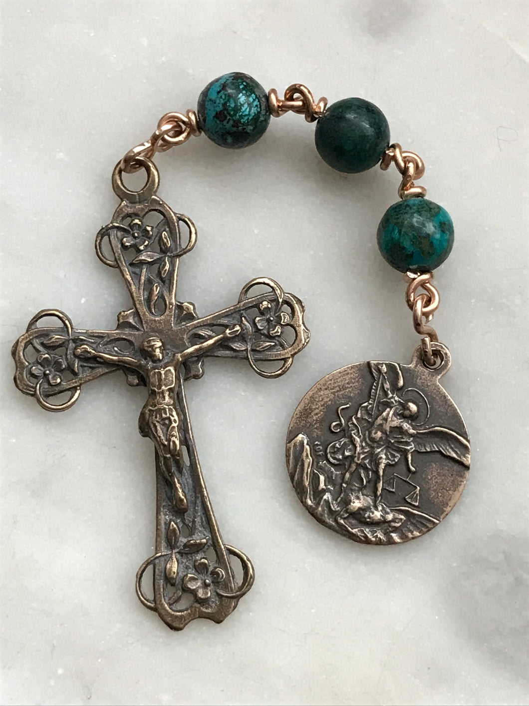 Three Hail Mary Chaplet - Chrysocolla Gemstones and Bronze Medals - Saint Michael