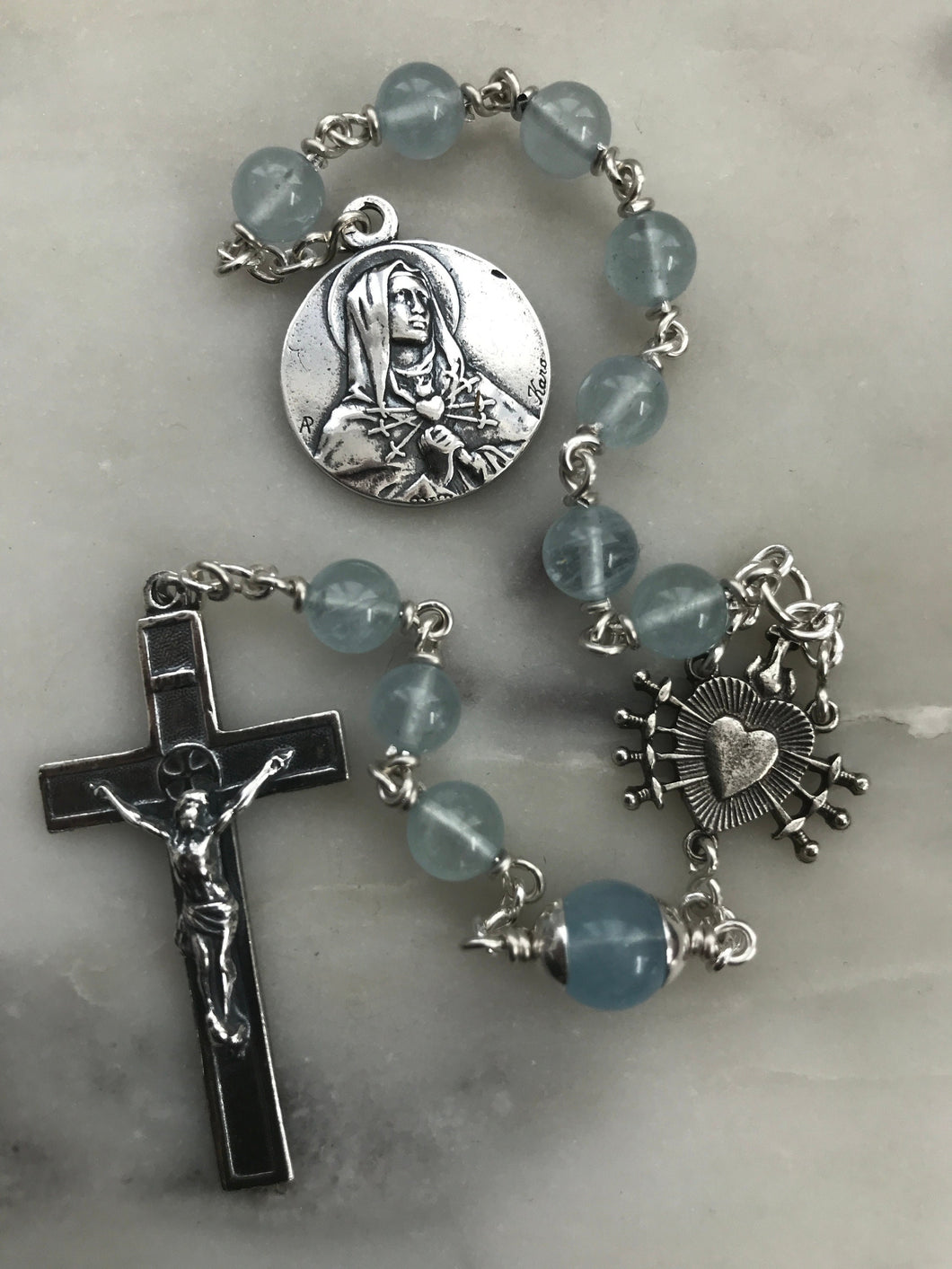 Pocket Servite Rosary - Aquamarine Gemstones - Argentium and Sterling Silver - Seven Sorrows Chaplet - Our Lady of Sorrows CeCeAgnes