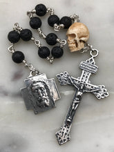 Load image into Gallery viewer, Memento Mori Pocket Rosary - Lava Bead and Ox Bone Skull - Sterling Silver - Tenner - Holy Face of Jesus - Single Decade Rosary CeCeAgnes
