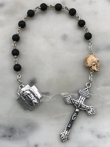 Memento Mori Pocket Rosary - Lava Bead and Ox Bone Skull - Sterling Silver - Tenner - Holy Face of Jesus - Single Decade Rosary CeCeAgnes