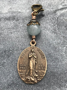 Bag Charm  Catholic Stella Maris Zipper Pull - Bronze and Aquamarine