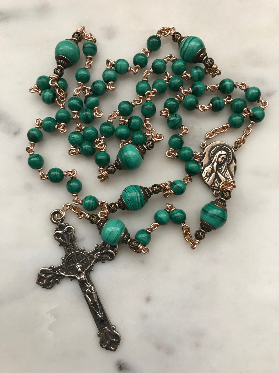 Beautiful Green Malachite Rosary - Bronze