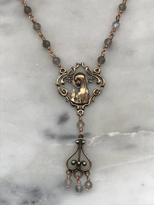 Praying Madonna Necklace - Solid Bronze - Virgin Mary - Labradorite