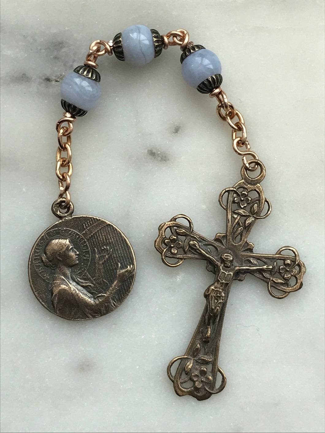 St. Cecilia Chaplet - Blue Lace Agate and Bronze Rosary CeCeAgnes
