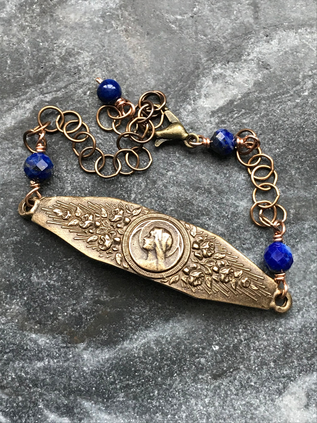Virgin Mary Bracelet - Lapis Gemstones - Bronze
