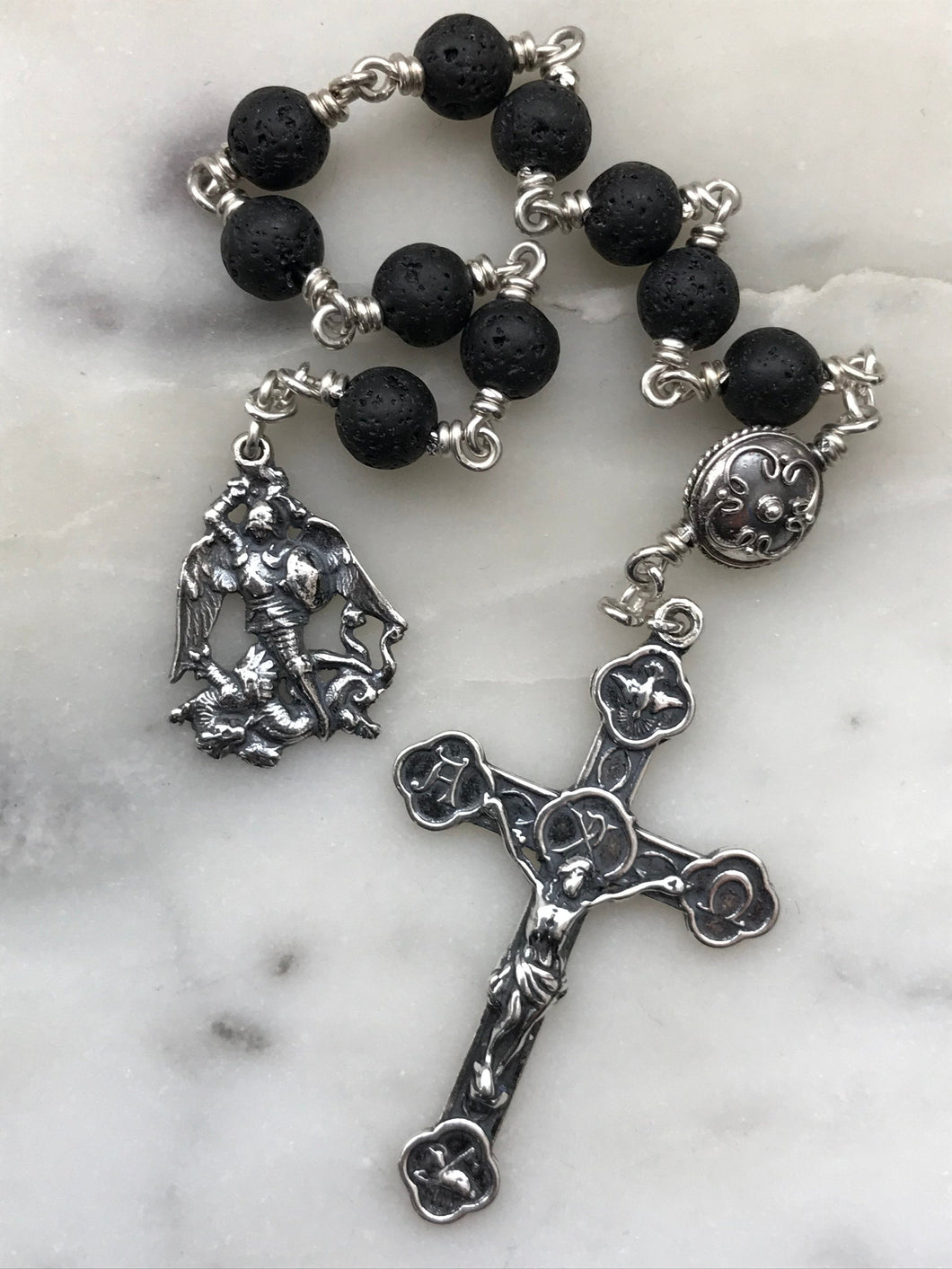 Saint Michael Pocket Rosary - Lava Bead and Ox Bone Skull - Sterling Silver - Tenner - Single Decade Rosary