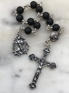 Saint Michael Pocket Rosary - Lava Bead and Ox Bone Skull - Sterling Silver - Tenner - Single Decade Rosary CeCeAgnes