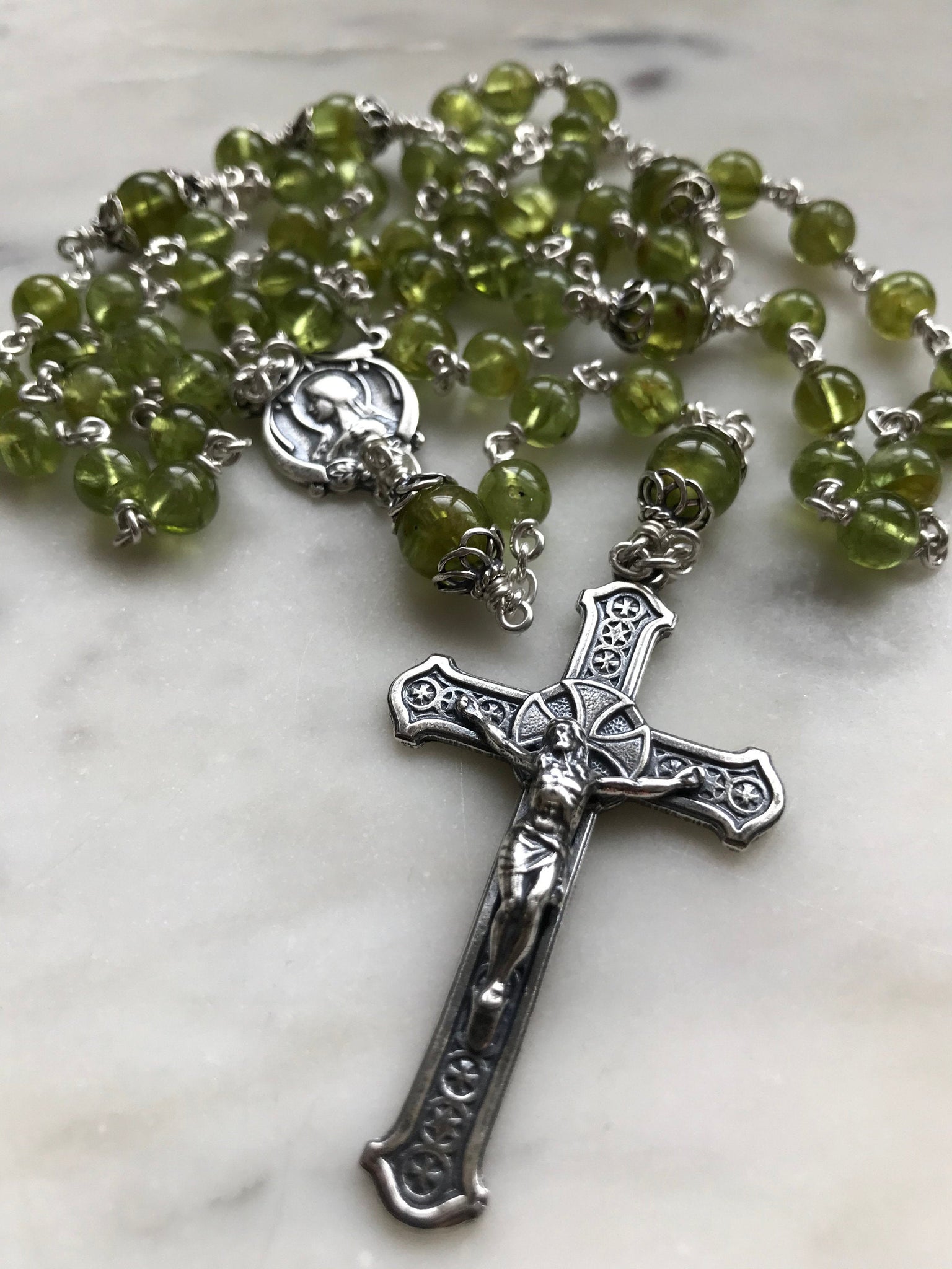 Beautiful Peridot Rosary - Argentium and Sterling Silver - Wire