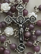 Load image into Gallery viewer, First Communion Rosary - Soft Pink Mauve Ruby Gemstones-Sterling Silver- Sacraments Crucifix
