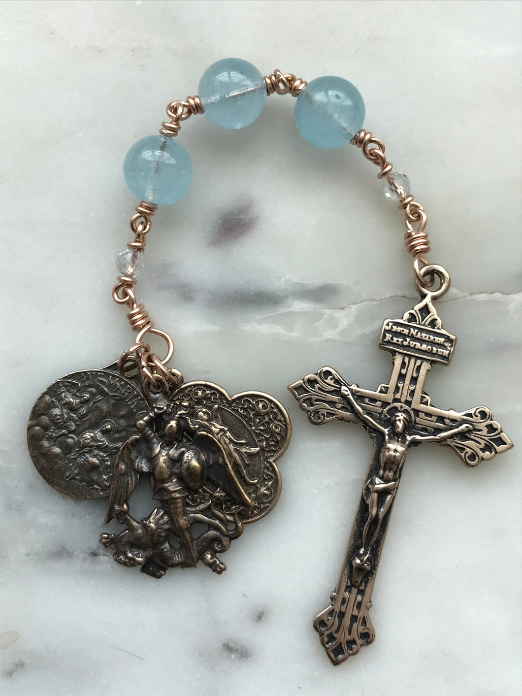 Three Hail Mary Rosary - Angels - Blue Topaz and Bronze - Archangels Rosary - Michael, Gabriel, Raphael