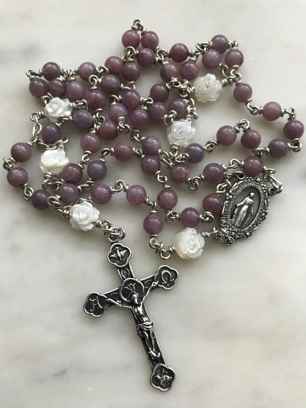 First Communion Rosary - Soft Pink Mauve Ruby Gemstones-Sterling Silver- Sacraments Crucifix