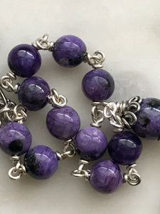 Sterling Pocket Rosary - Scapular Medal - Purple Charoite Gemstones - Sacred Heart