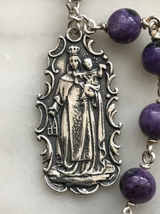 Sterling Pocket Rosary - Scapular Medal - Purple Charoite Gemstones - Sacred Heart