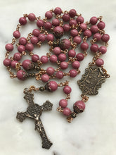 Load image into Gallery viewer, Pink Rhodonite Rosary - First Communion - Bronze - Gemstone - Sacred Heart Crucifix  - wire-wrapped
