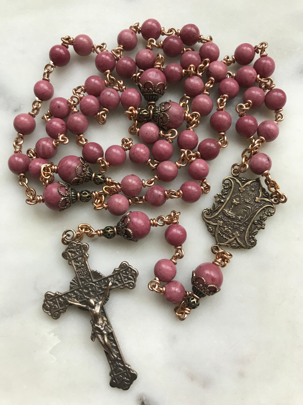 Pink Rhodonite Rosary - First Communion - Bronze - Gemstone - Sacred Heart Crucifix  - wire-wrapped