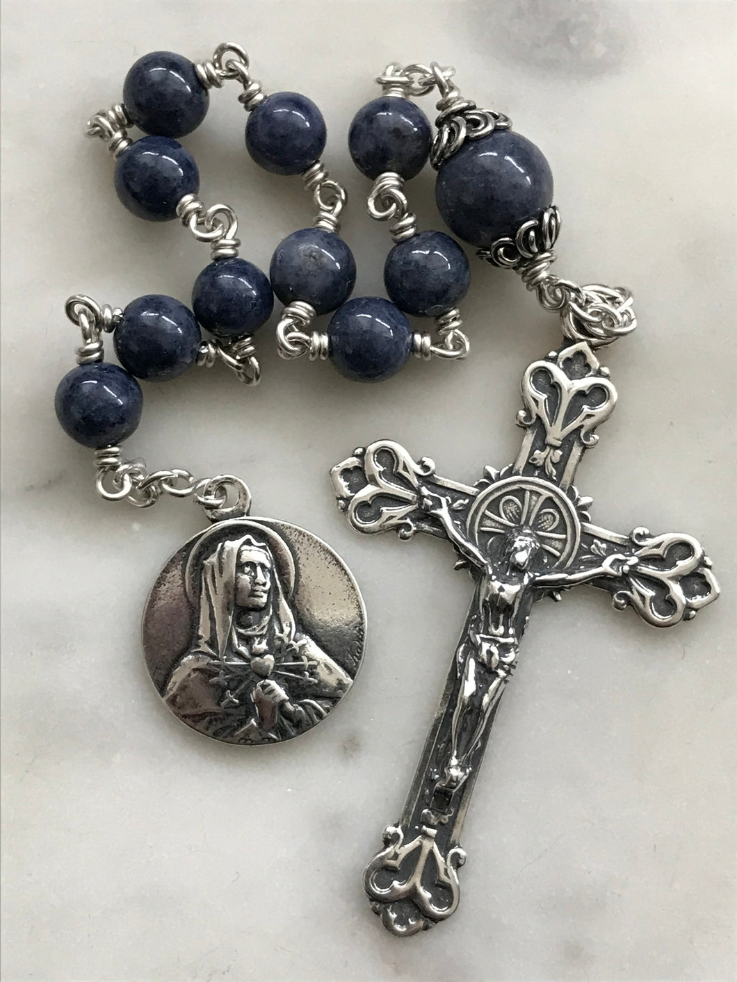 Sterling Pocket Rosary - Our Lady of Sorrows - Sapphire - Beautiful Crucifix - One Single Decade Rosary