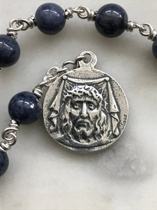 Sterling Pocket Rosary - Our Lady of Sorrows - Sapphire - Beautiful Crucifix - One Single Decade Rosary
