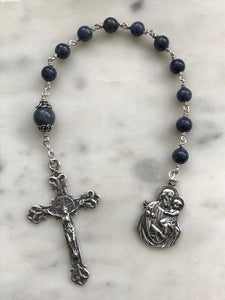 Sterling Pocket Rosary - Saint Joseph - Sapphire - Beautiful Crucifix - One Single Decade Rosary