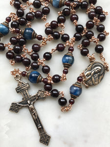 Sorrowful Mother Rosary - Garnet and Kyanite Gemstones and Solid Bronze - Pardon Crucifix CeCeAgnes