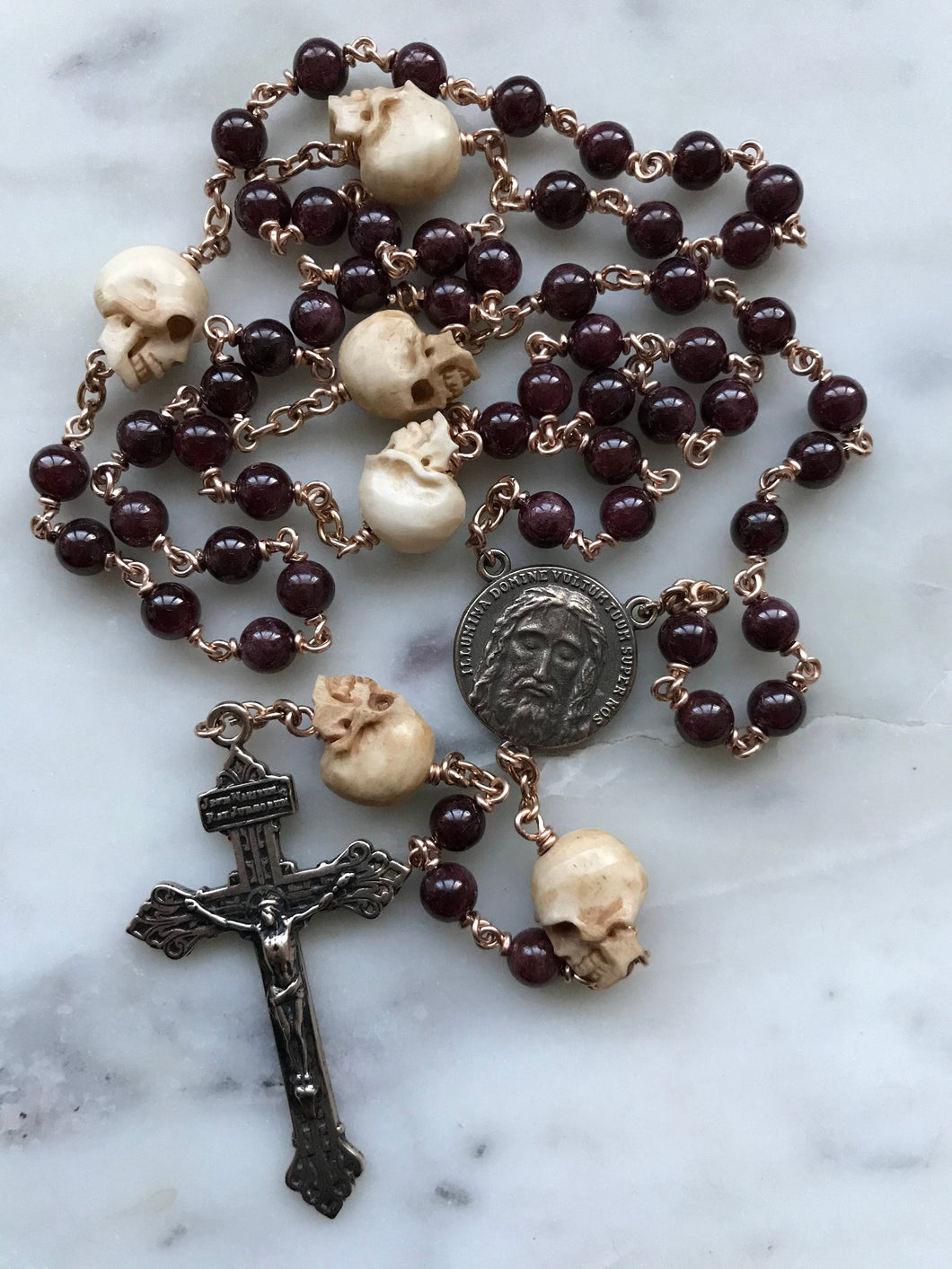 Memento Mori Rosary - Holy Face of Jesus - Garnets and Ox Bone Skulls - Bronze - Wire-wrapped - Pardon Crucifix CeCeAgnes