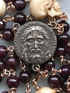 Memento Mori Rosary - Holy Face of Jesus - Garnets and Ox Bone Skulls - Bronze - Wire-wrapped - Pardon Crucifix CeCeAgnes