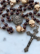 Load image into Gallery viewer, Memento Mori Rosary - Holy Face of Jesus - Garnets and Ox Bone Skulls - Bronze - Wire-wrapped - Pardon Crucifix CeCeAgnes
