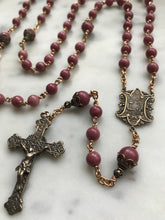 Load image into Gallery viewer, Pink Rhodonite Rosary - First Communion - Bronze - Gemstone - Sacred Heart Crucifix  - wire-wrapped
