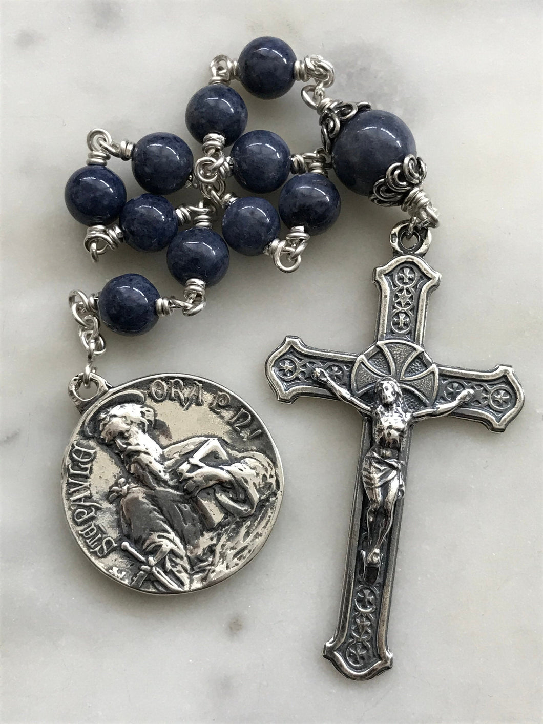 Sterling Pocket Rosary - Saint Peter and Paul - Sapphire - Beautiful Crucifix - One Single Decade Rosary
