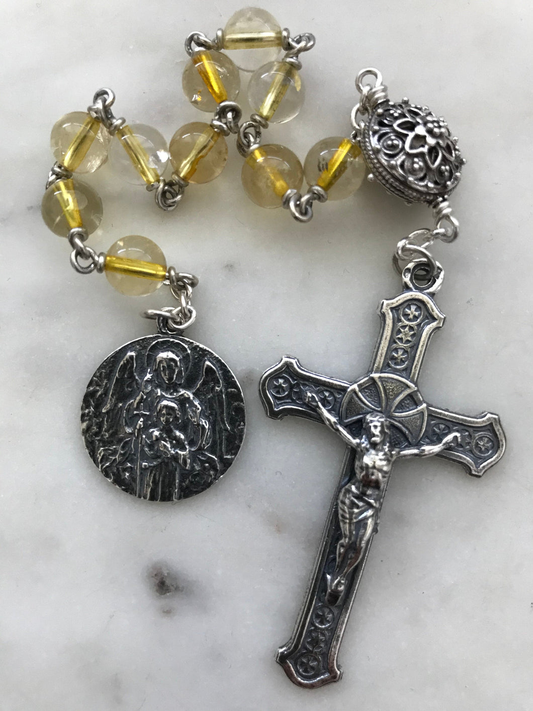Guardian Angel Pocket Rosary - Citrine Single Decade Tenner - Sterling Silver