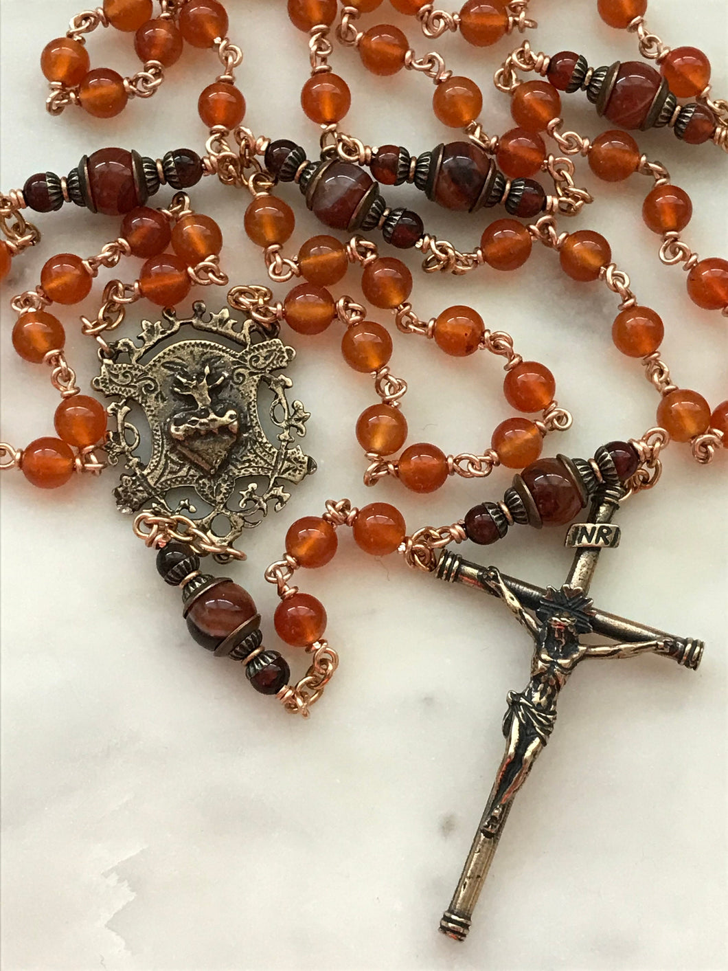 Carnelian and Bronze Rosary - Sacred Heart - Spanish Crucifix CeCeAgnes
