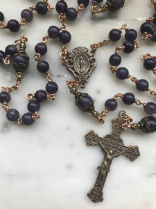 Purple Ledidolite Rosary - Bronze - Sacred Heart Crucifix  - wire-wrapped CeCeAgnes