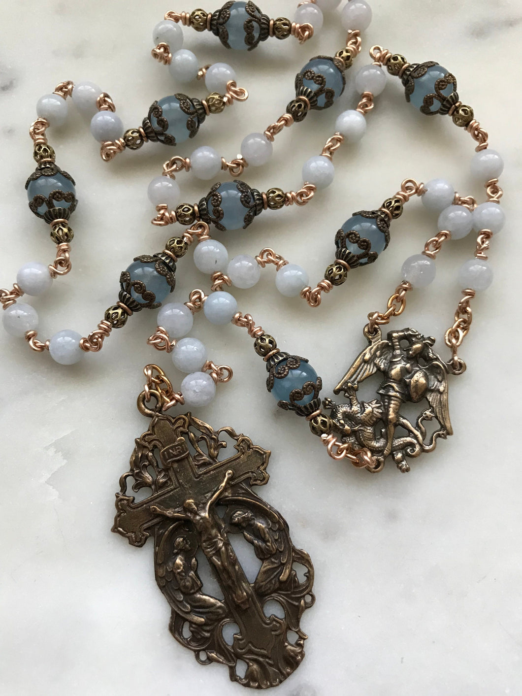 Saint Michael Chaplet - Wire wrapped - Aquamarine Gemstones - Bronze - St. Michael and Angels Crucifix CeCeAgnes