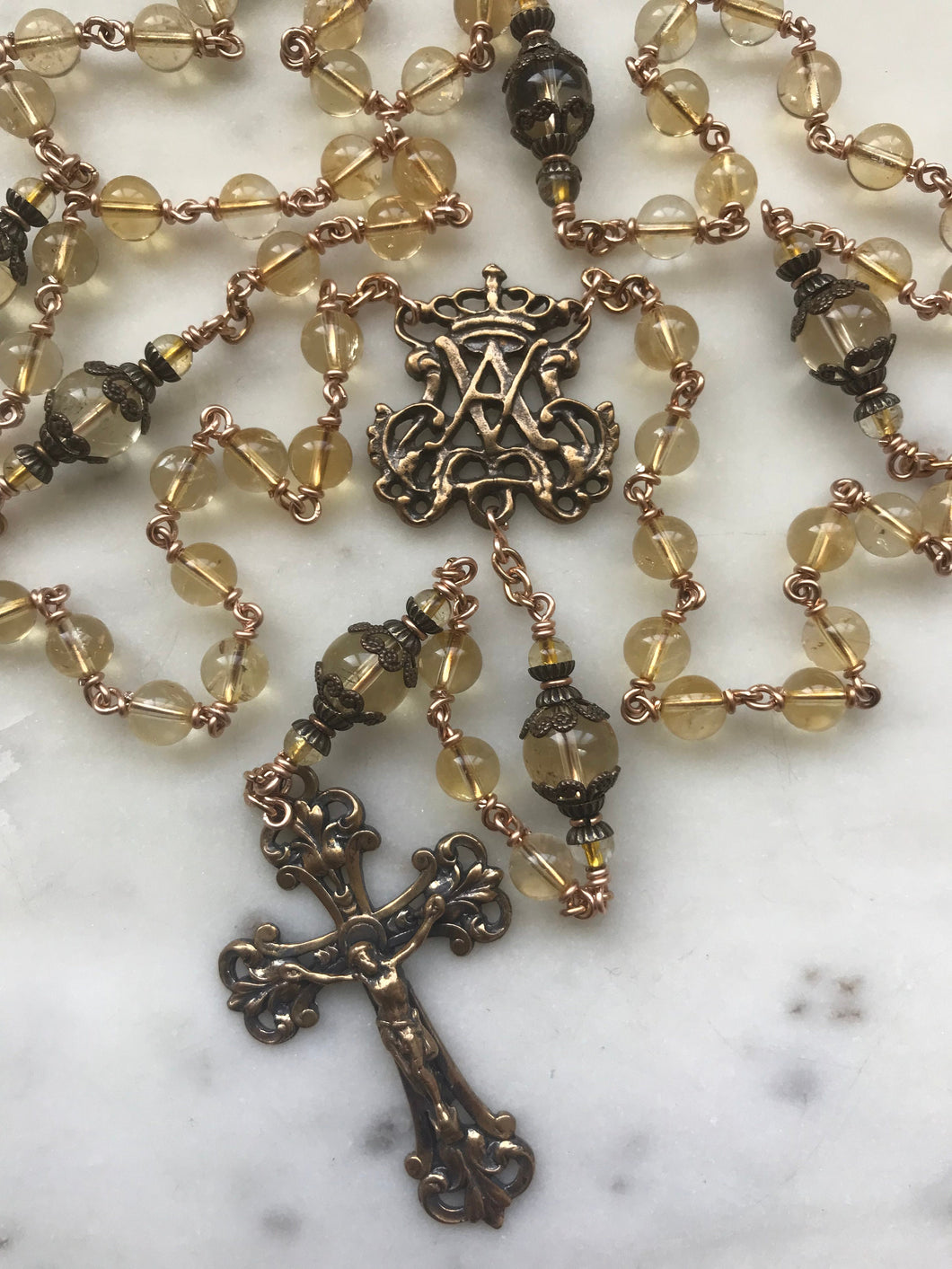 Citrine Rosary - Bronze - Gemstone - Antique Reproduction Medals - wire-wrapped CeCeAgnes