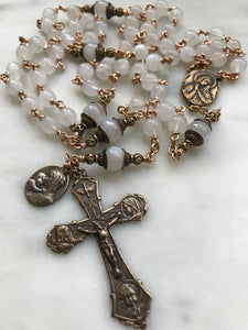White Moonstone and Bronze Rosary - Antique French Reproduction Medals CeCeAgnes