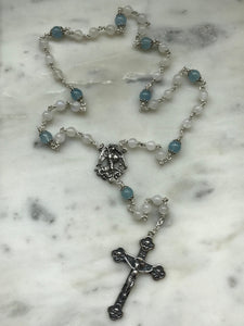 St. Michael Chaplet - Sterling and Argentium Silver - St. Michael Center - Beautiful Crucifix - Moonstone and Aquamarine CeCeAgnes