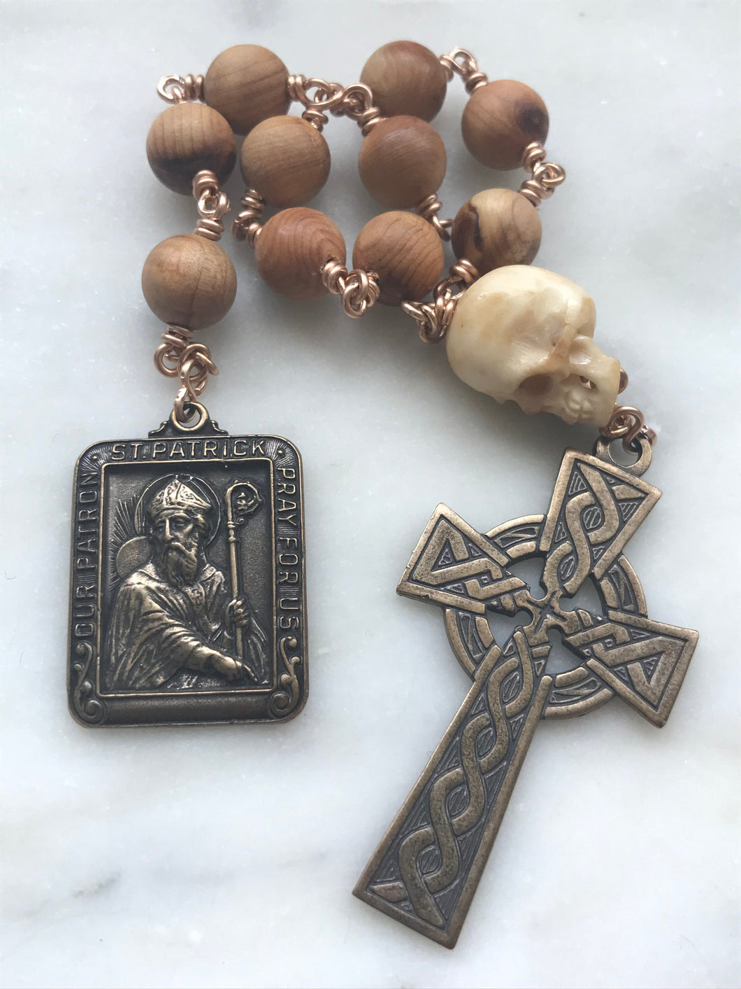 Memento Mori Irish Rosary - Sandalwood and Ox Bone Skull  - Bronze - Wire-wrapped Tenner - Saint Patrick - Celtic Cross CeCeAgnes