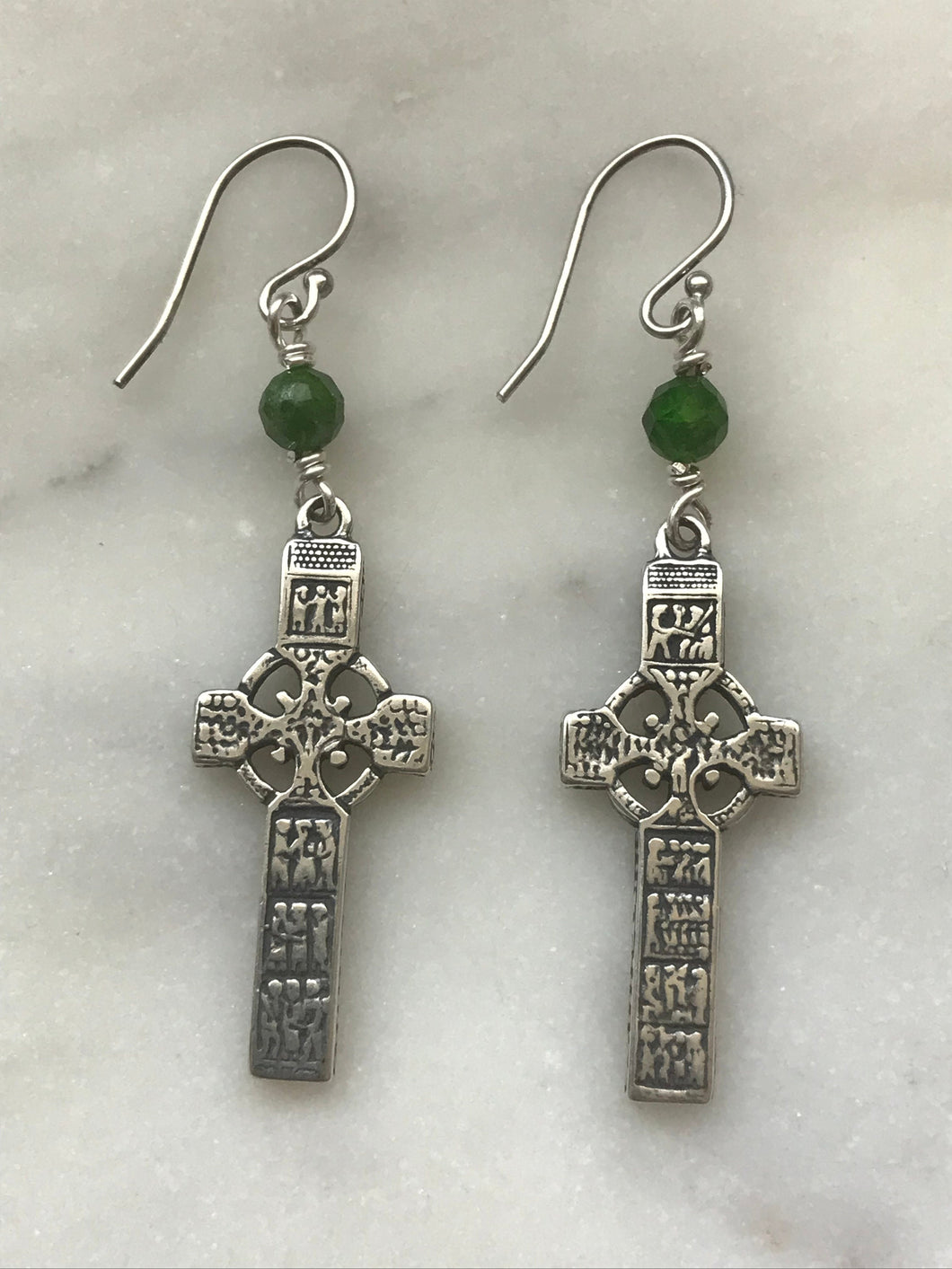 Celtic Cross Sterling Silver Earrings - Chrome Diopside Gemstones