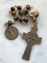 Load image into Gallery viewer, Memento Mori Rosary - Tiger Eye and Ox Bone Skull - Bronze - Wire-wrapped Tenner - Saint Patrick CeCeAgnes
