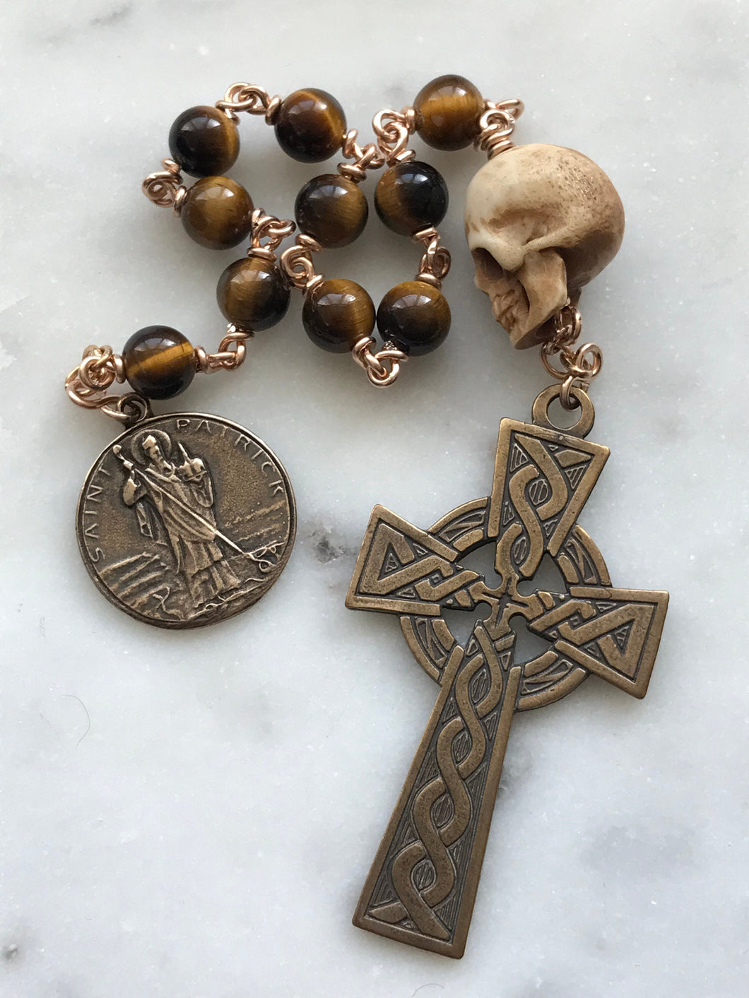 Memento Mori Rosary - Tiger Eye and Ox Bone Skull - Bronze - Wire-wrapped Tenner - Saint Patrick CeCeAgnes