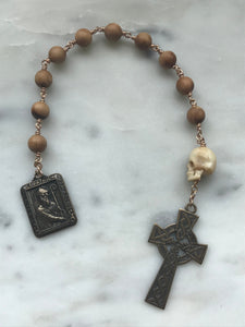 Memento Mori Irish Rosary - Sandalwood and Ox Bone Skull  - Bronze - Wire-wrapped Tenner - Saint Patrick - Celtic Cross CeCeAgnes