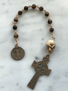Memento Mori Rosary - Tiger Eye and Ox Bone Skull - Bronze - Wire-wrapped Tenner - Saint Patrick CeCeAgnes