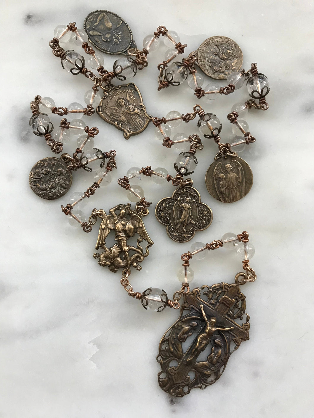 Saint Michael Chaplet - Wire wrapped - Crystal Quartz - Bronze - St. Michael and Angels Crucifix CeCeAgnes