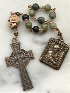 Memento Mori Rosary - Connemara Marble and Ox Bone Skull - Bronze - Wire-wrapped Tenner - Saint Patrick CeCeAgnes