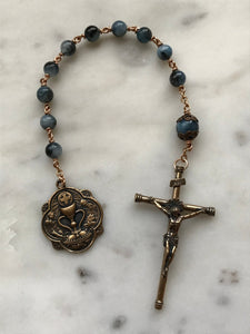 First Communion Pocket Rosary - Dark Aquamarine and Bronze- Single Decade Tenner CeCeAgnes