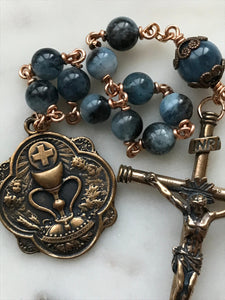 First Communion Pocket Rosary - Dark Aquamarine and Bronze- Single Decade Tenner CeCeAgnes