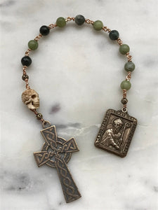 Memento Mori Rosary - Connemara Marble and Ox Bone Skull - Bronze - Wire-wrapped Tenner - Saint Patrick CeCeAgnes