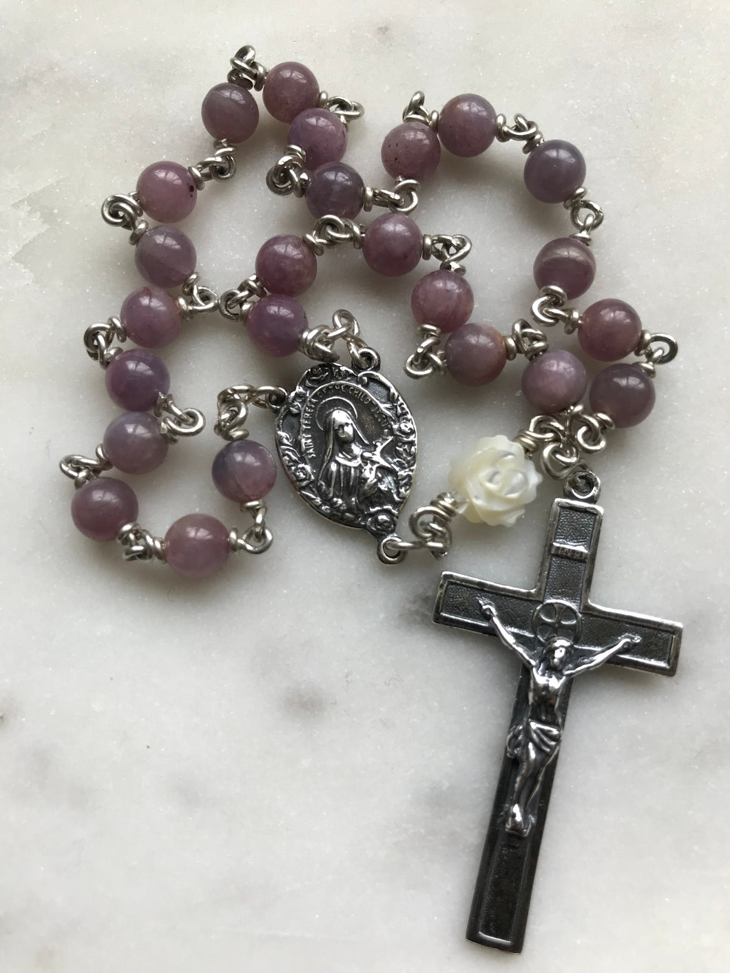 Saint Therese Chaplet - Ruby Gemstones - Roses Crucifix - Sterling Silver CeCeAgnes