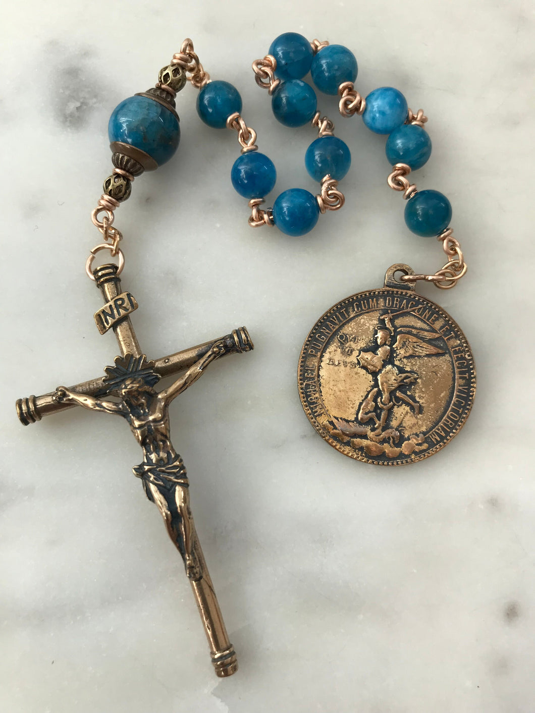 Saint Michael Pocket Rosary -Guardian Angel - Apatite and Bronze - Single Decade Rosary